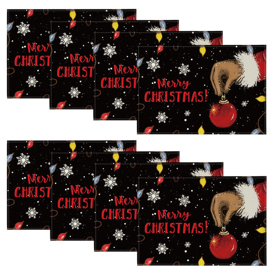 Xmas Ball Merry Christmas Placemats Set of 8, 12x18 Inch Seasonal Winter Holiday Black Table Mats for Party Kitchen Dining Decoration
