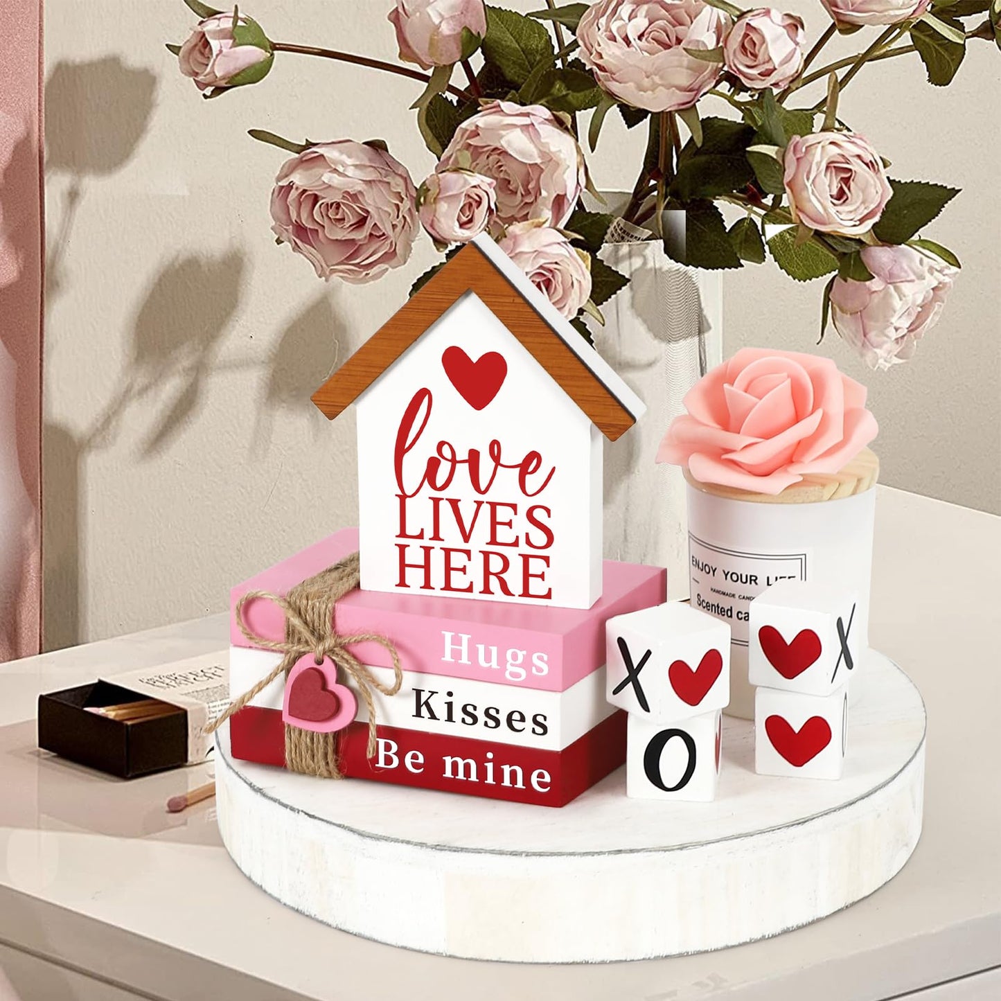 Valentines Day Decorations, Wood Book Stack with XOXO Blocks for Table Shelf Tiered Tray Decor, Freestanding Valentines Day Decor