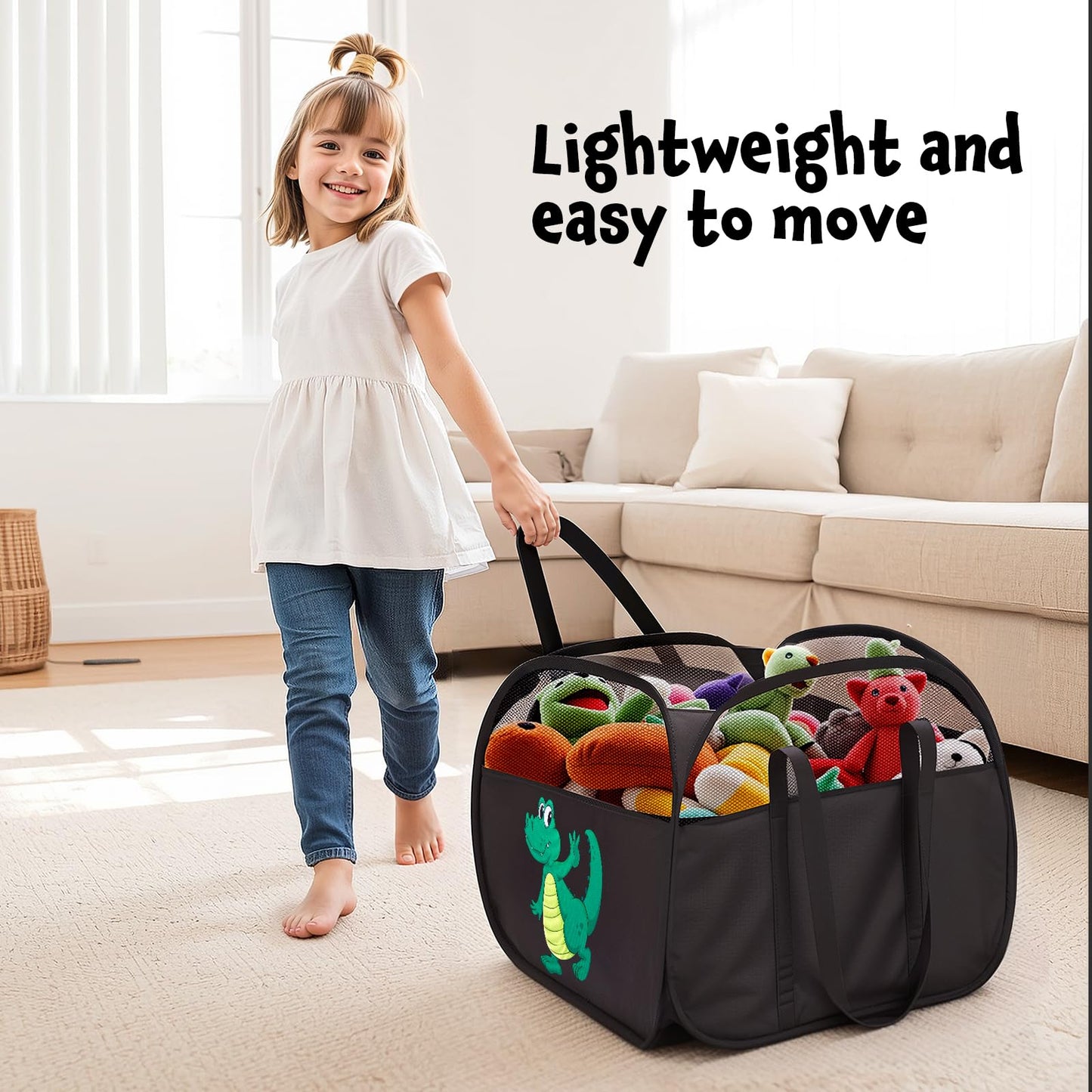 YOHOOLYO 95L Toy Storage Basket Box Chest for Boys Baby Toddler Kids, Collapsible Pop Up Large Mesh Toy Organizer Bin with Handles for Living Room Area, Playroom, Closet (Dinosaur&Lion)