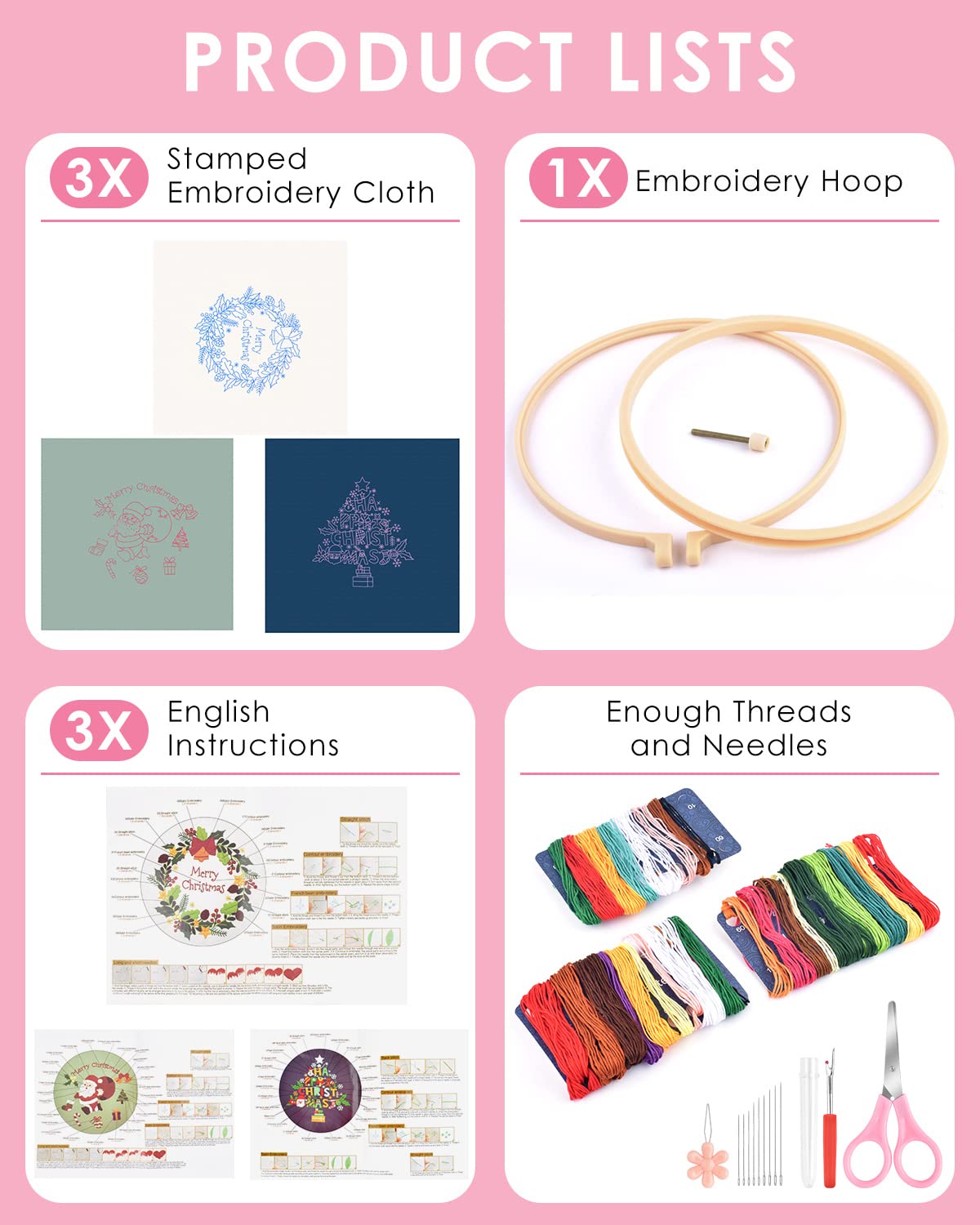 Christmas Embroidery Kit for Adult Beginners, 3 Sets Embroidery Stitch Practice kit Include Embroidery Cloth Hoops Threads for Craft Lover Hand Stitch