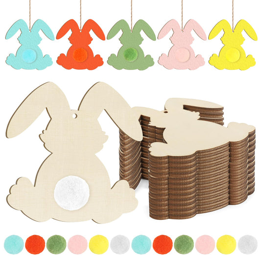 Wooden Rabbit Ornaments to Paint Easter Decoration Cutouts Unfinished 24PCS 3.5 x 3 inches, DIY Blank Bunny Unfinished Wood Discs Ornament for Home Crafts Hanging Spring Decoration