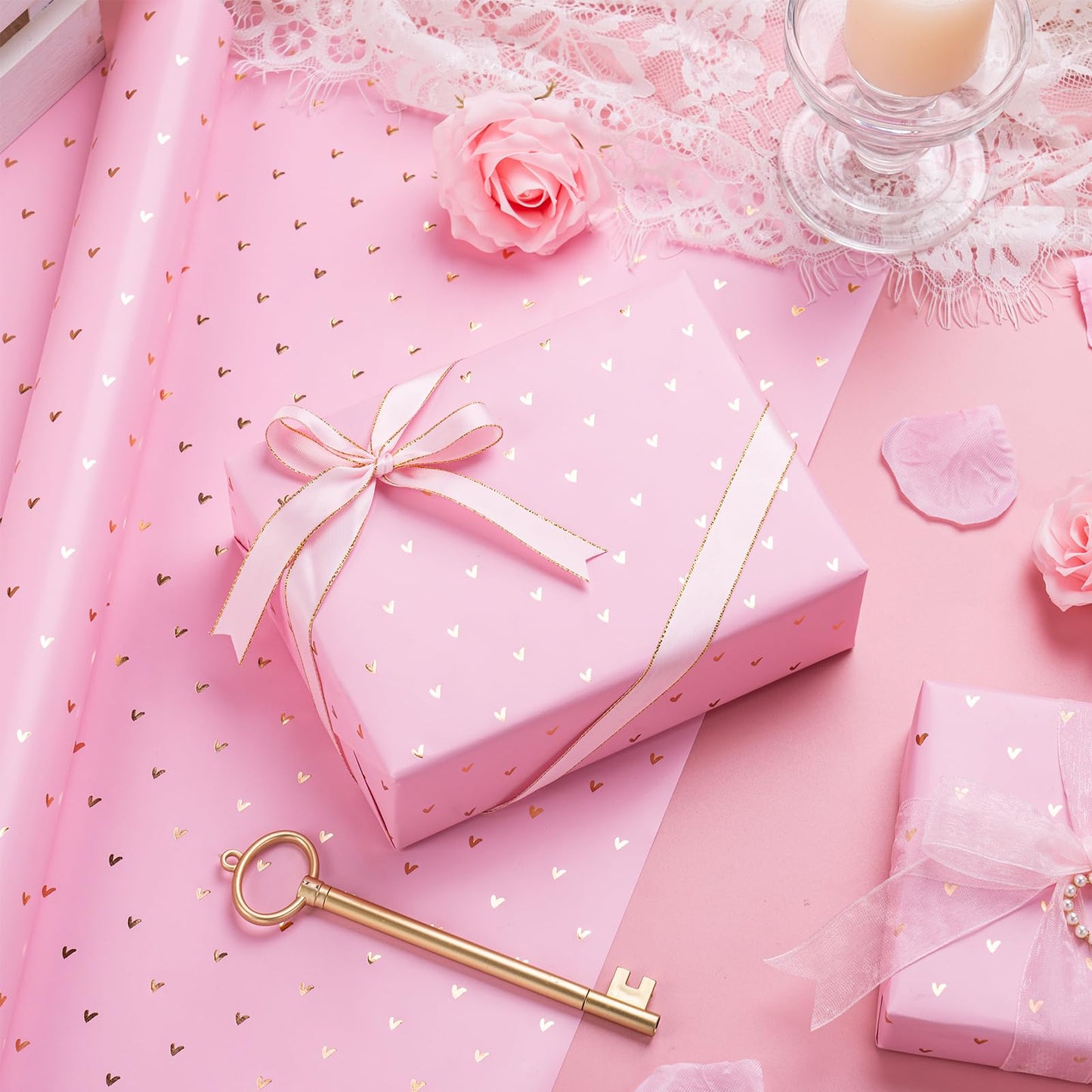 Valentine's Day Wrapping Paper - Mini Roll - 17 Inch X 33 Feet - Sweet Gold Foil Pink Love Heart Design for Valentine's Day, Wedding, Anniversary, Birthday, Baby Shower