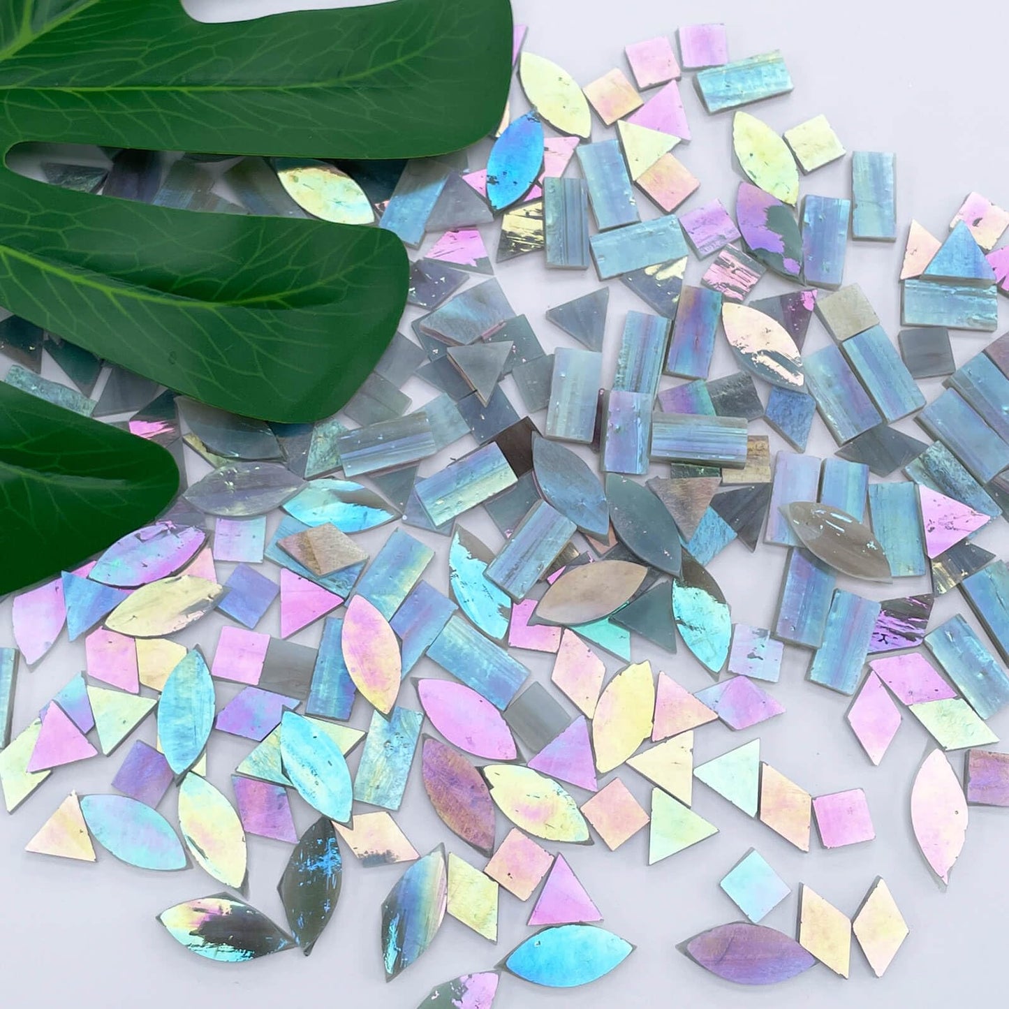 LITMIND Iridescent Ash Gray Stained Glass Mosaic Tiles for Crafts - 240 Pieces, 5 Shapes Mixed (Rectangle, Triangle, Rhombus, Square, Leaf) - Ideal for Mosaic Making Projects and Beginners