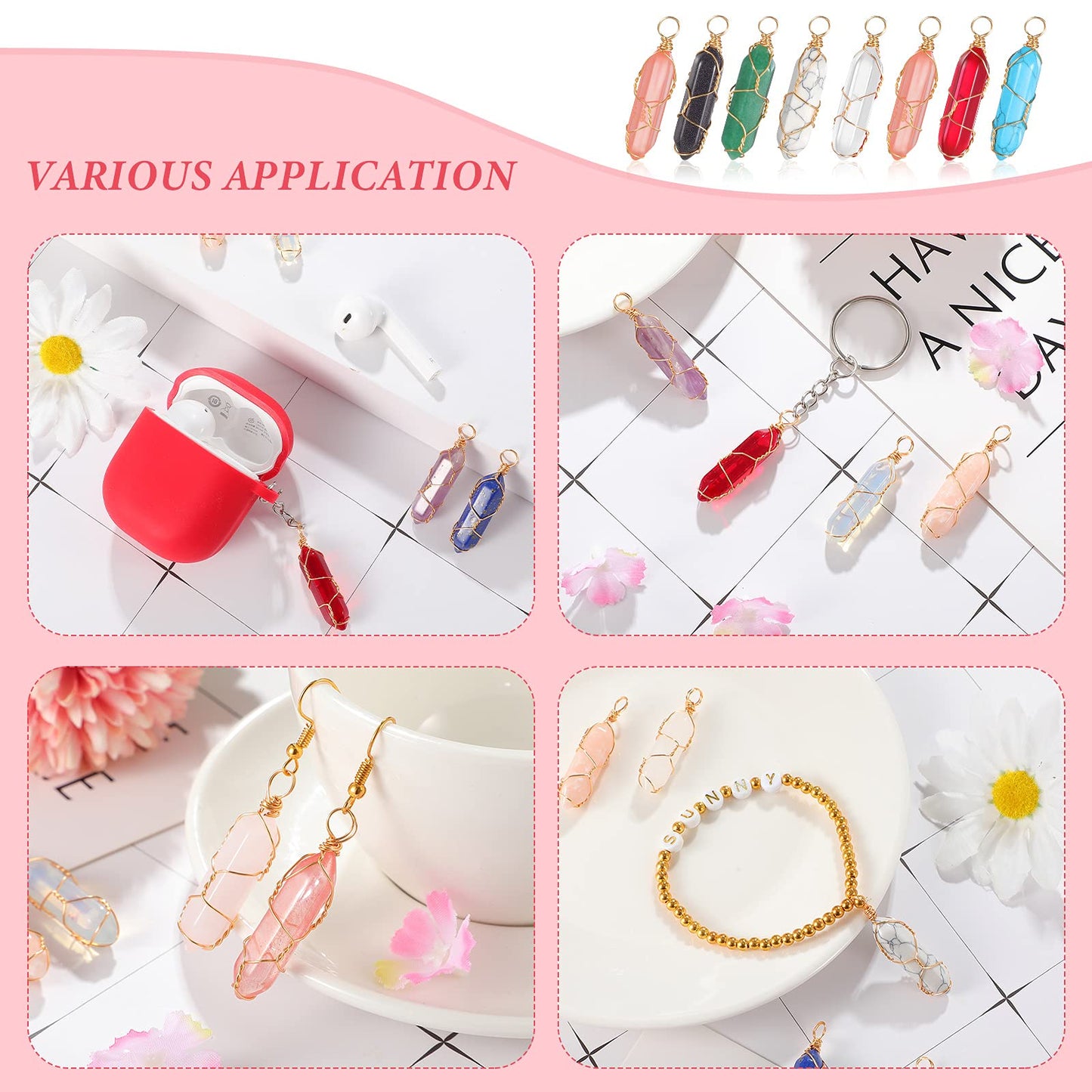 16 Pieces Healing Crystal Pendant Hexagonal Natural Crystal Pendant Pointed Quartz Gemstone Pendant Wire Wrapped Charms for Necklace Jewelry Making DIY Craft (Lovely Colors)