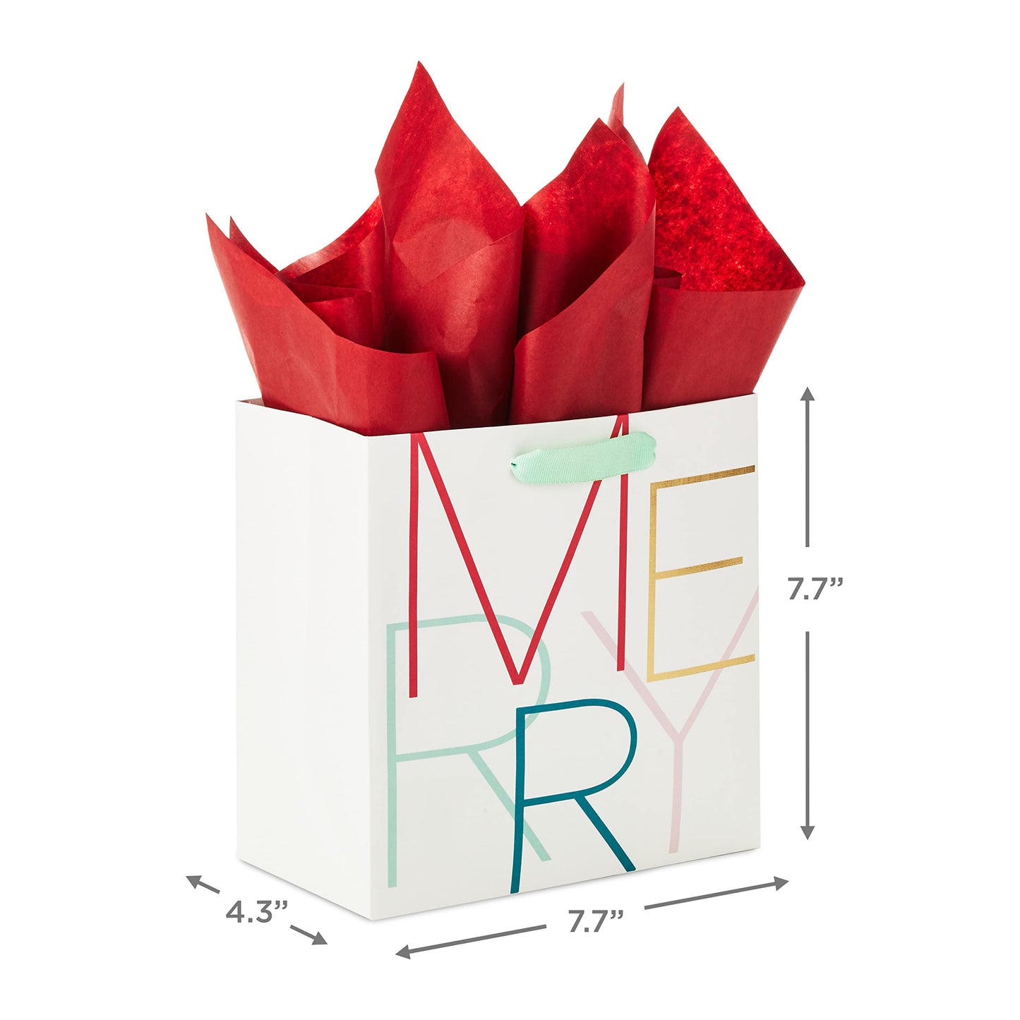 Signature 7" Square Christmas Gift Bag with Tissue Paper (Modern MERRY, Ivory, Red, Gold, Mint Green) for Daughter, Sister, Girlfriend, Aunt, Teacher, Coworker, Teen