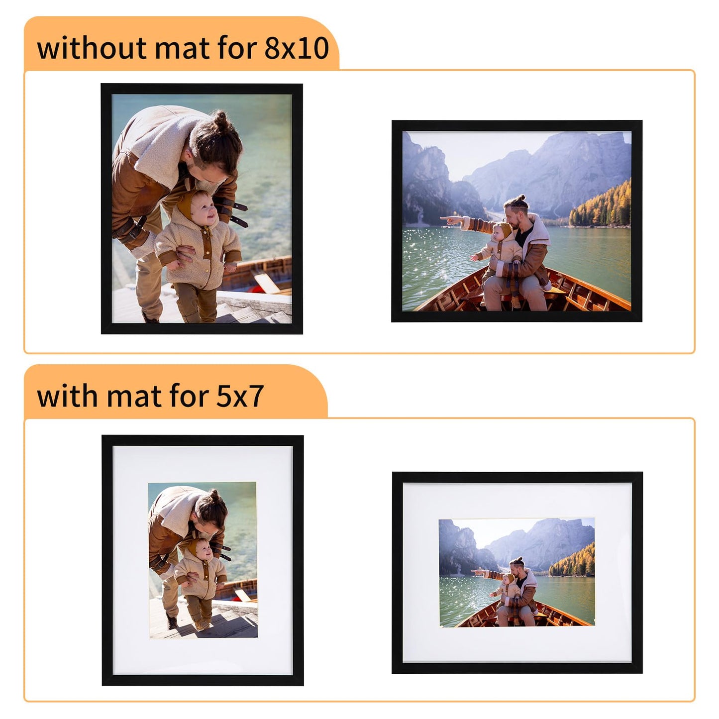 8x10 Black Picture Frame Set of 10, Bulk Collage Frames for Photos 5x7 with Mat or 8x10 without Mat, Table Top and Wall Mounting Decor