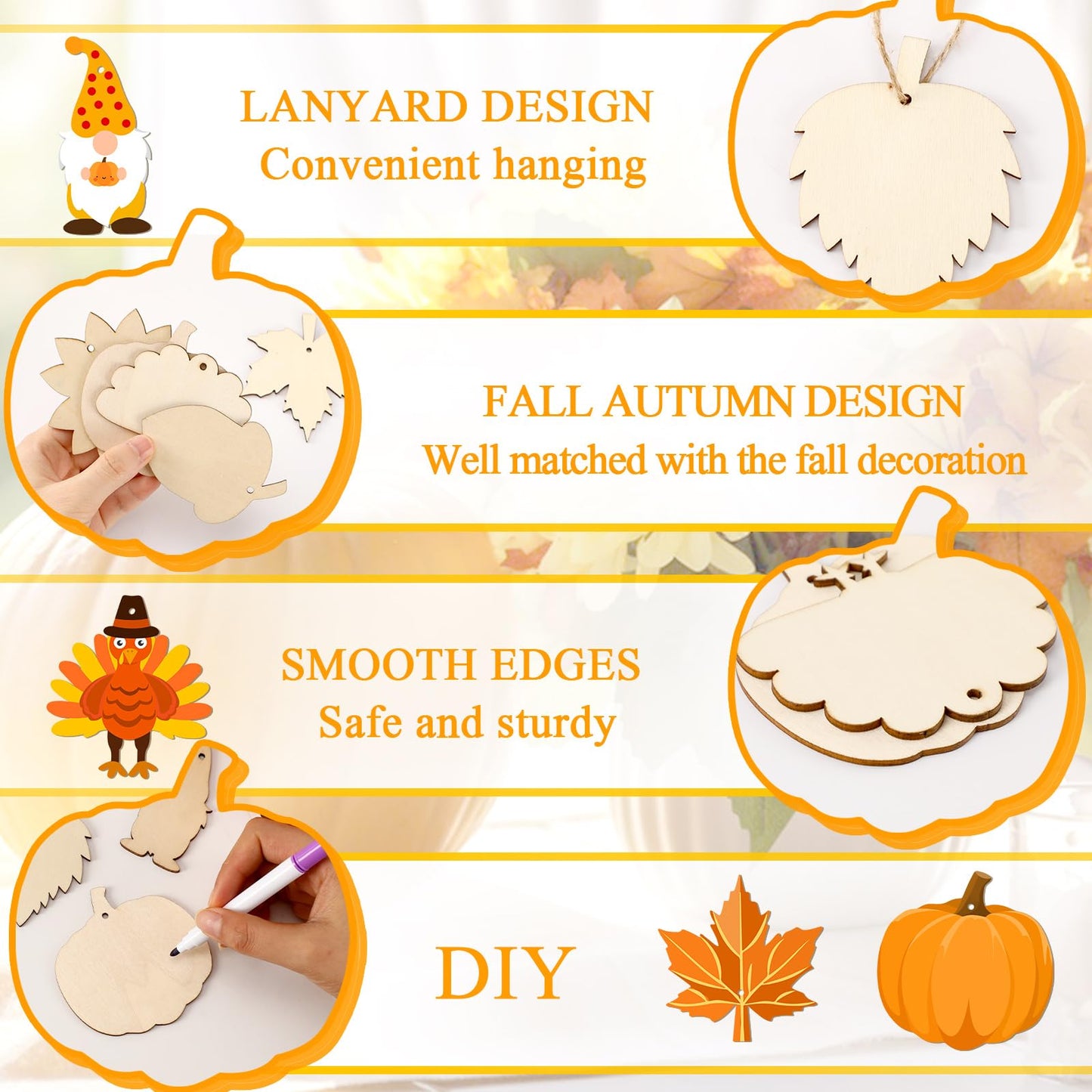 50 Pieces Thanksgiving Wooden Ornaments Fall Autumn Leaf Blanks Pendants Maple Leaves Pumpkin Unfinished Wood Slices Hanging for Fall Party Festivals DIY Crafts Decoration, 10 Styles