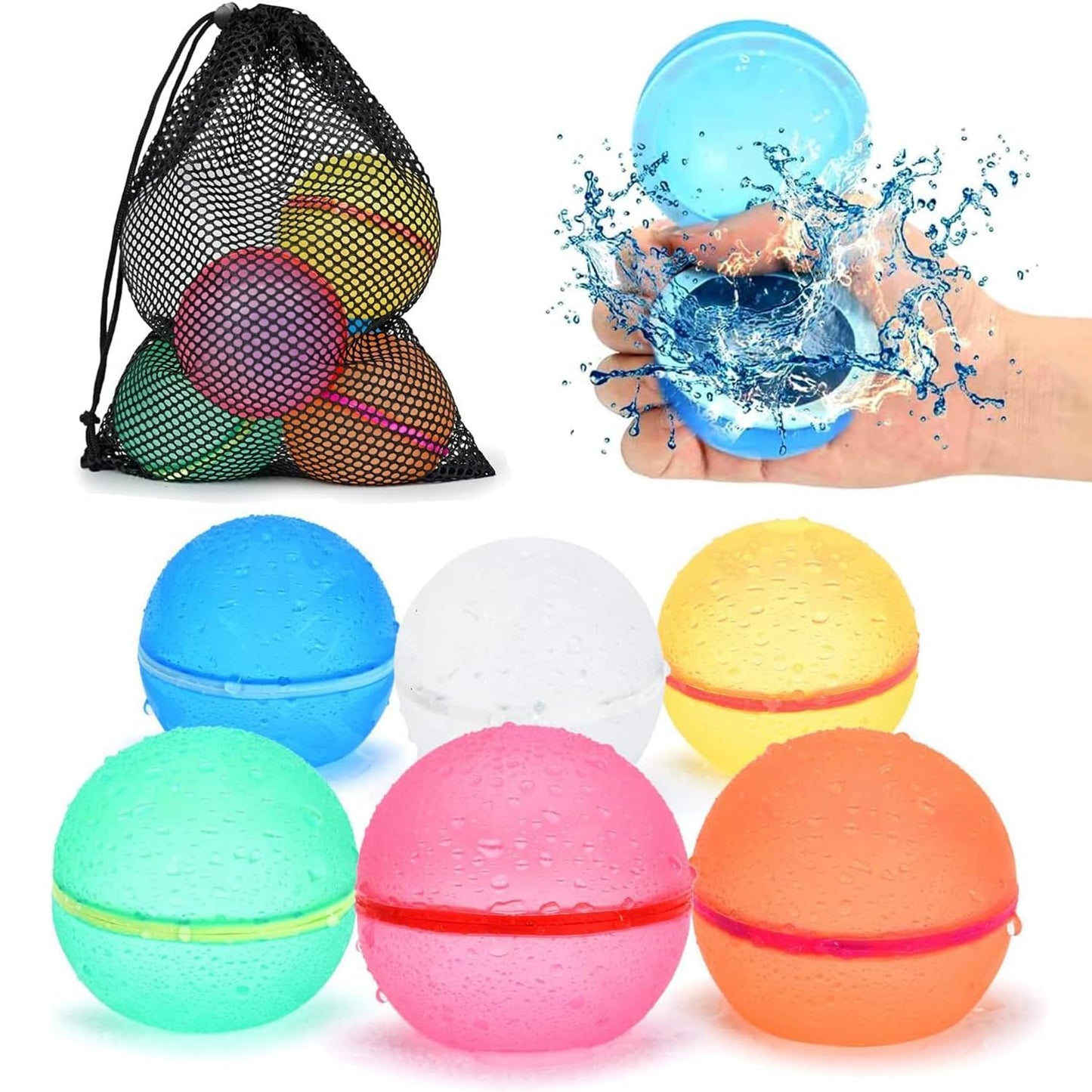 98K Reusable Water Balloons 6 Pcs with Mesh Bag, Pool Beach water Toys for Boys and Girls, Outdoor Summer Toys for Kids Ages 3-12