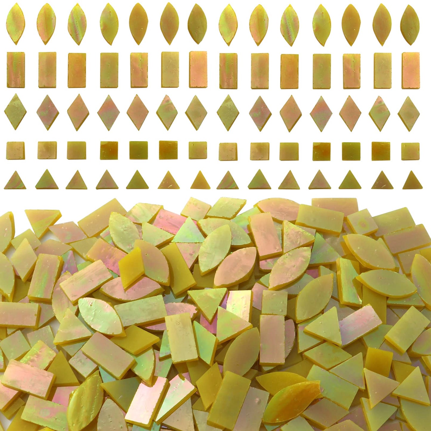 LITMIND Iridescent Glass Mosaic Tiles for Crafts, 240 Pieces 5 Shapes Mixed Yellow Stained Glass Pieces, Mosaic Kits for Adults (Iridescent Yellow)