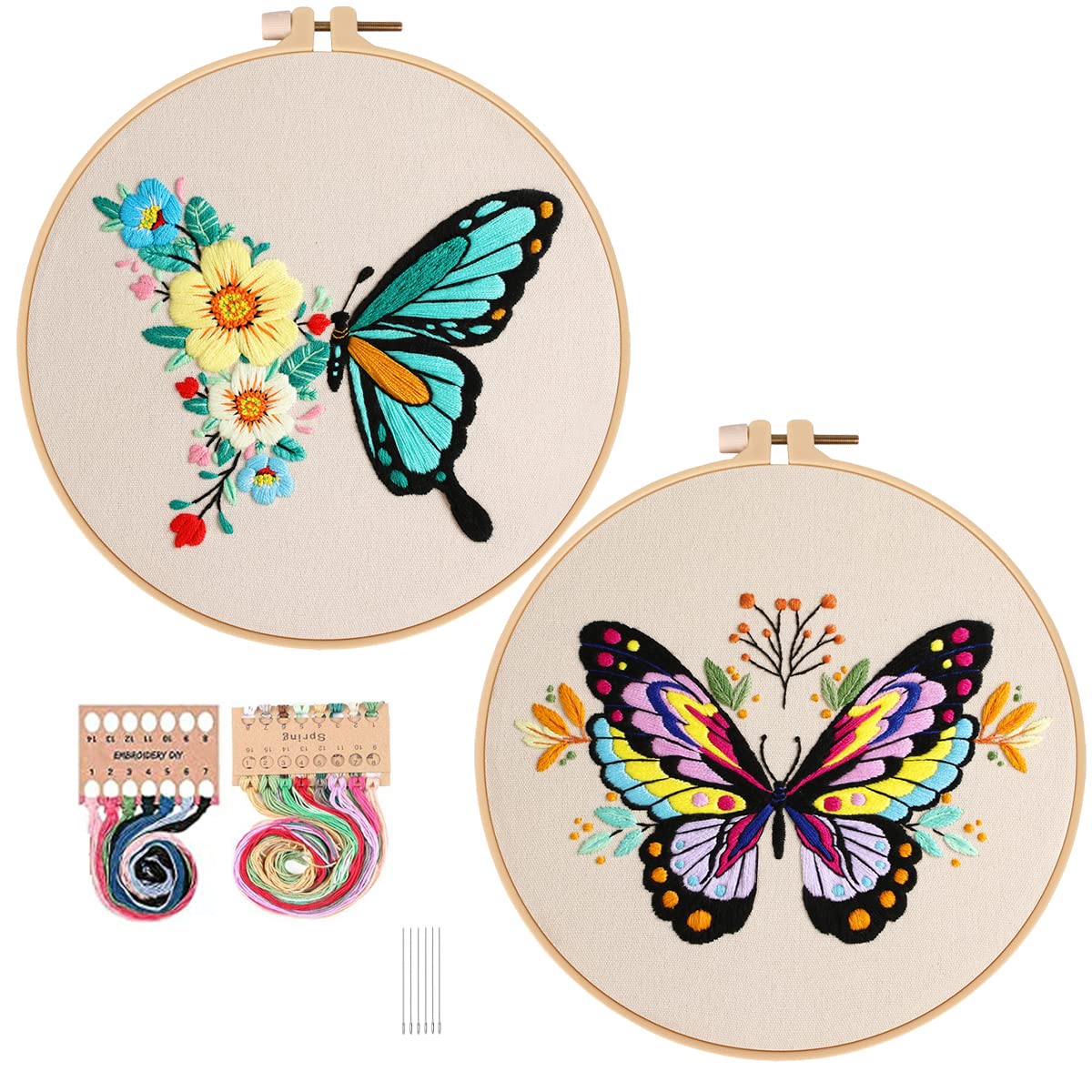 Konrisa Embroidery Kits with Butterfly Flower Pattern, Stamped Embroidery Starter Kit for Beginners Adults Needlepoint Kits Include Embroidery Fabric Embroidery Hoop Threads and Needles,Set of 2