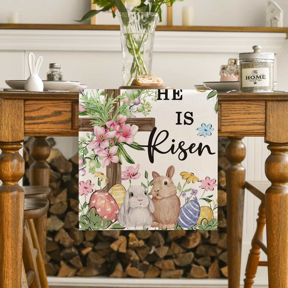 Bunny Rabbits Eggs He is Risen Easter Table Runner, Seasonal Spring Kitchen Dining Table Decoration for Home Party Decor 13x72 Inch