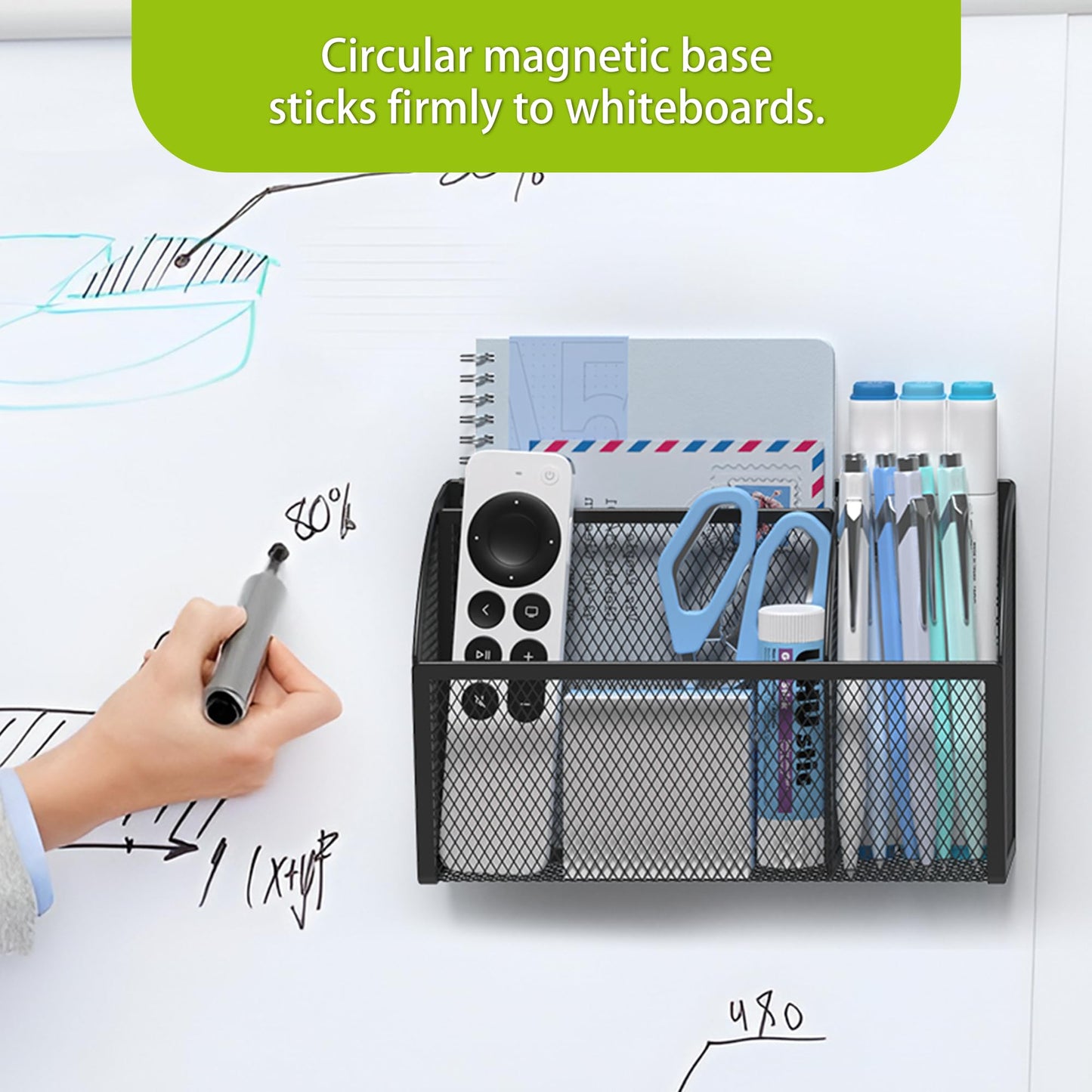 YINGHUA Magnetic Desk Organizer - 3 Compartment Metal Mesh Pen Holder for Locker, Whiteboard, Refrigerator, Office - Black Caddy