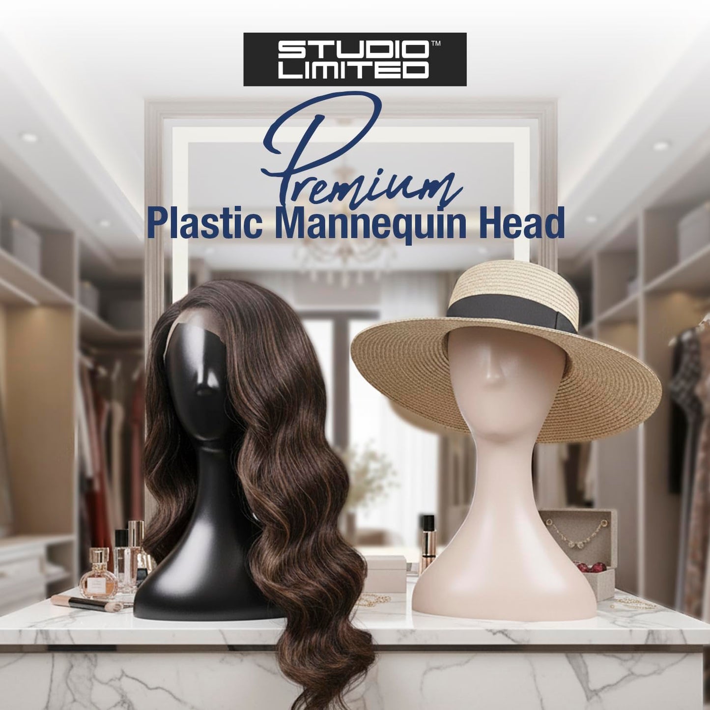 16 Inch Studio Limited Professional Plastic Mannequin Head (Black), Durable Women Model Wig Stand Display Styling Making Display Holder with Jack for Hat, Mask, Headdress, Necklace