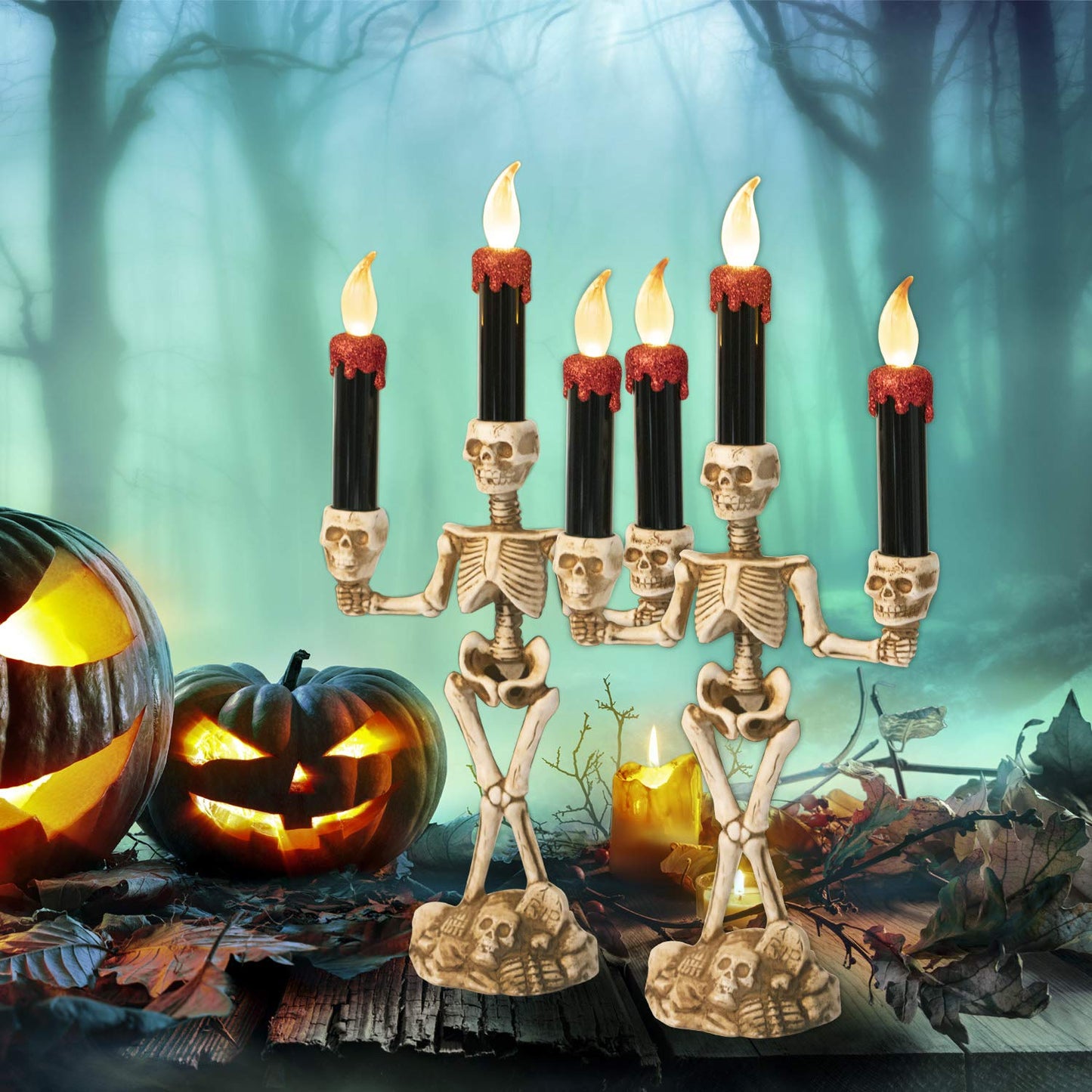 KI Store Halloween Candelabra with LED Flameless Candles Holder Battery Operated Flickering Spooky Lighting for Halloween Decorations Mental Décor Window Centerpieces