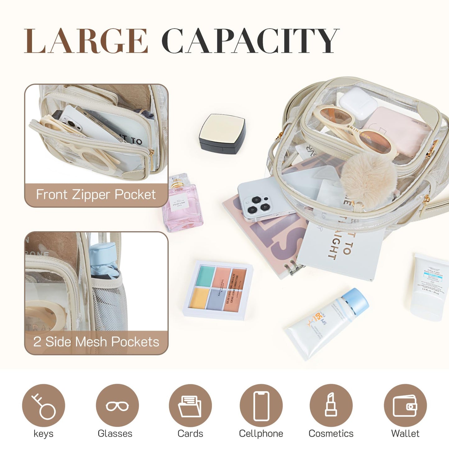 Missnine Anti-theft Clear Backpack, Small Mini Clear Bag for Sport Event Concert with Cute Fur Ball