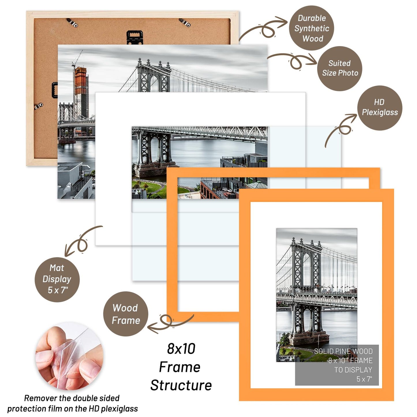8x10 Picture Frames Solid Wood Display Pictures 5x7 with Mat or 8x10 Frame without Mat Poster Photo Frame Art with 1 Mats for Wall Mounting or Table Top(Orange)