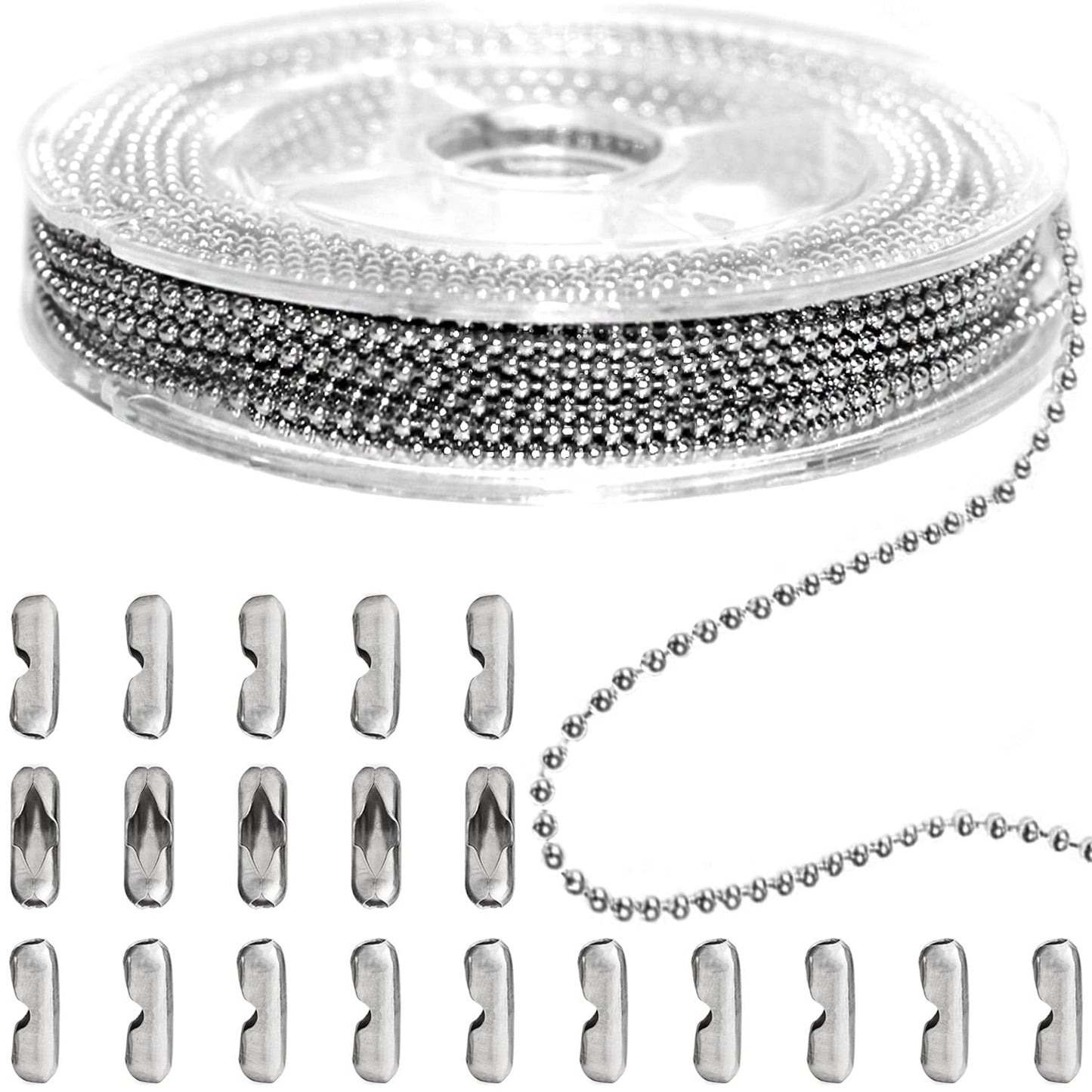 Jishi Steel Ball Chain Bead Dog Tag Chain Beaded Necklace Chains for Jewelry Making Bracelet Military Crafts, Silver Metal Pull Chain Small Ball Bead Chain Roll w/20 Connectors (Silver, 33ft 1.5mm)