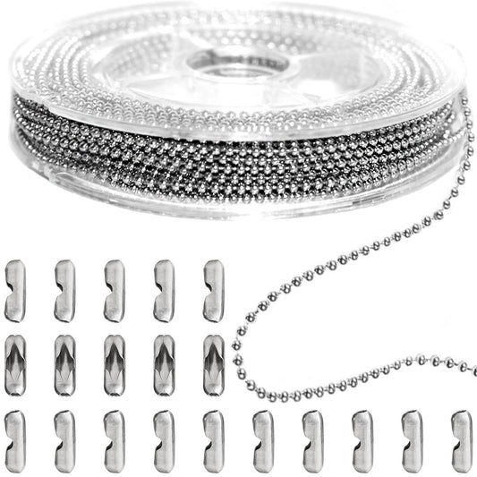 Jishi Steel Ball Chain Bead Dog Tag Chain Beaded Necklace Chains for Jewelry Making Bracelet Military Crafts, Silver Metal Pull Chain Small Ball Bead Chain Roll w/20 Connectors (Silver, 33ft 1.5mm)