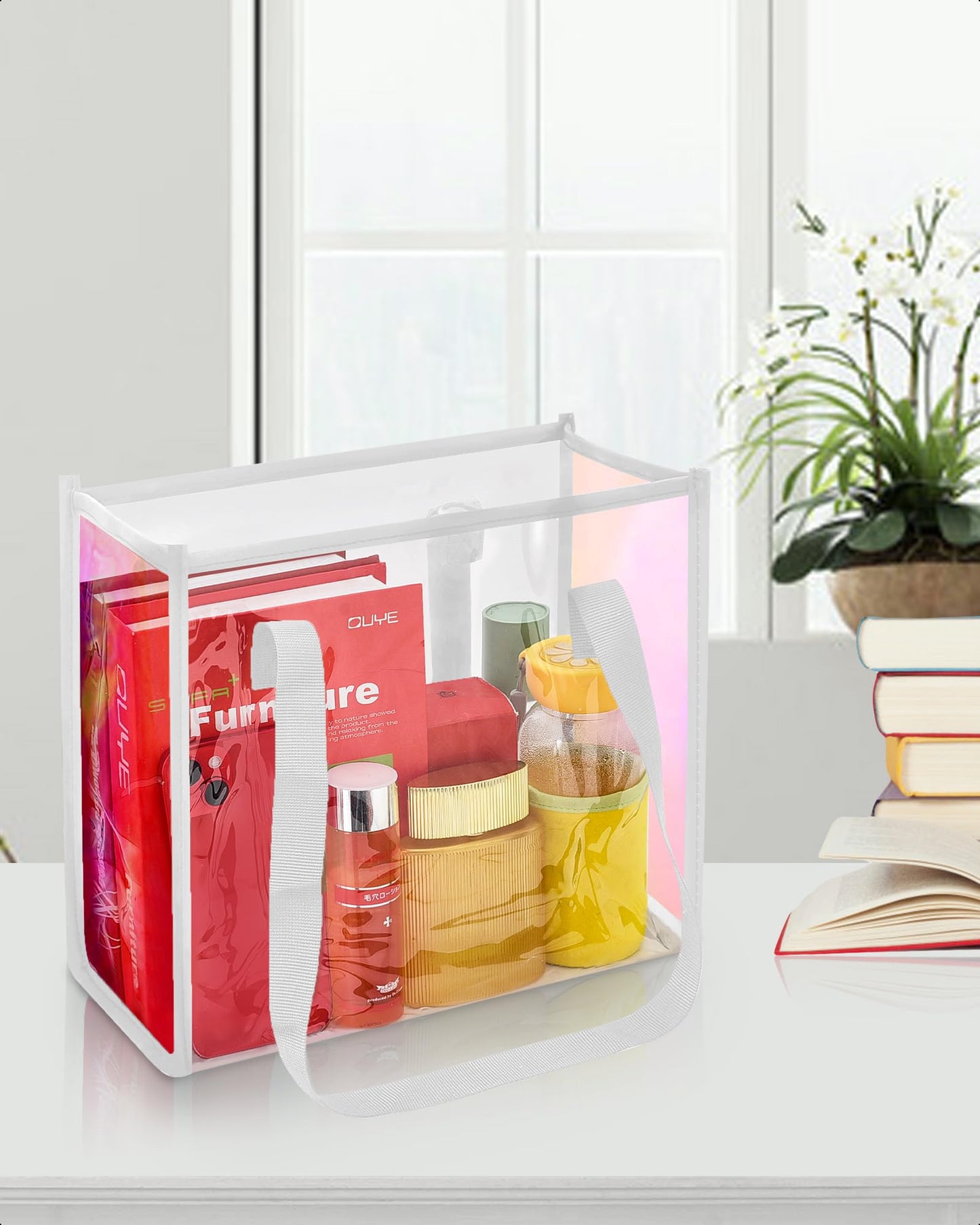 MAY TREE Clear Tote Bag Stadium Approved, Clear Beach Bag for Sports Work Security Travel Stadium Concert-White