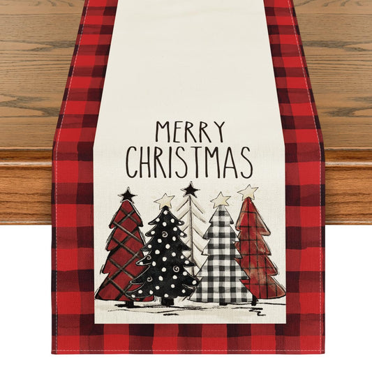 Watercolor Red and Black Buffalo Plaid Christmas Trees Merry Xmas Table Runner, Seasonal Winter Holiday Kitchen Dining Table Decoration for Indoor Outdoor Home Party Decor 13 x 36 Inch