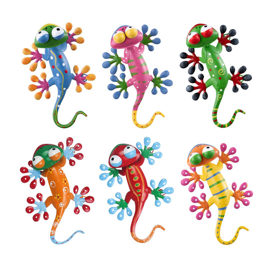 YEAHOME 6 Pack Metal Geckos Inspirational Wall Art, Mexican Outdoor Wall Decor with Shaking Head, Lizard Wall Sculptures & Statues for Farmhouse, Porch, Patio, Lawn, Fence