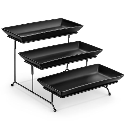 3 Tier Serving Tray, Porcelain Tiered Serving Trays Platters, 12 Inch Serving Stand with Platters,Black Dessert Stand with Collapsible Sturdier Metal Rack,Series PLAT