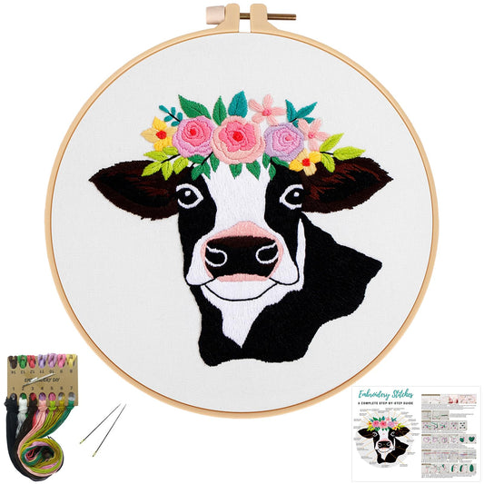 Louise Maelys Cow Beginners Embroidery Kits,Cross Stitch Starter kit for Adults with Embroidery Cloth Hoop Needles Instruction and Threads