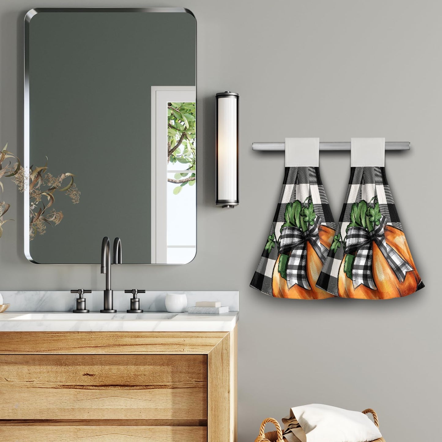 Fall Hanging Kitchen Towel Pack of 2- Autumn Orange Pumpkin Checkered Decor Hand Loop Hook Towels- Buffalo Plaid Thanksgiving Soft Washcloth Dish Wipe Towel for Bathroom Laundry Room