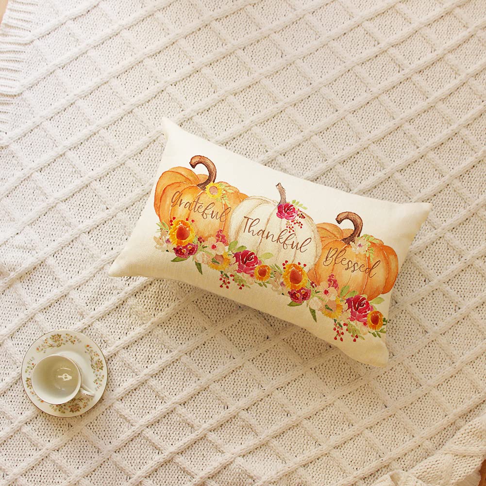 Ogiselestyle Pumpkin Lumbar Throw Pillow Cover 12 x 20 Inch Autumn Thanksgiving Farmhouse Harvest Cushion Case Decoration for Sofa Couch