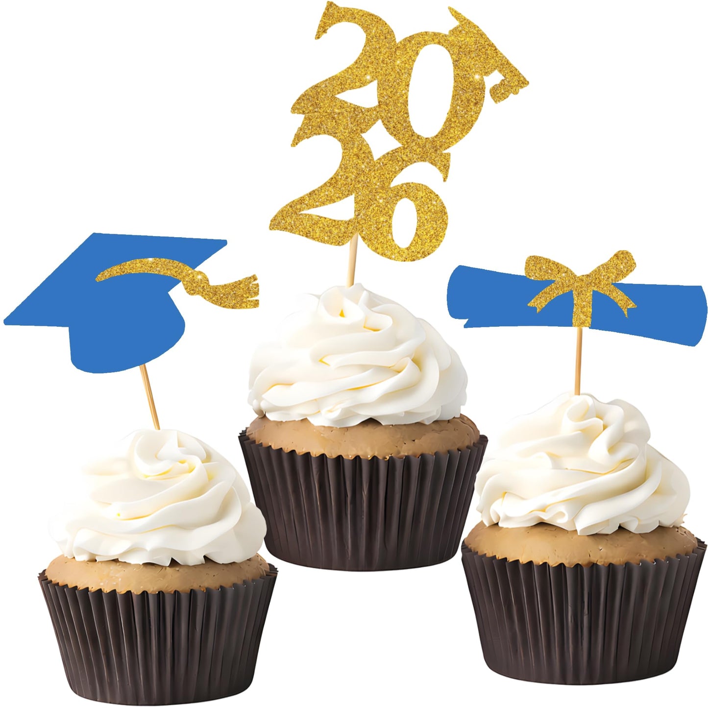 OHOME Graduation Decorations 2026-36 PCS Graduation Cupcake Toppers - 2026 Graduation Party Decorations - Mini Cake Decorations for Class of 2026,Diploma, 2026, Grad Cap Set (Blue)