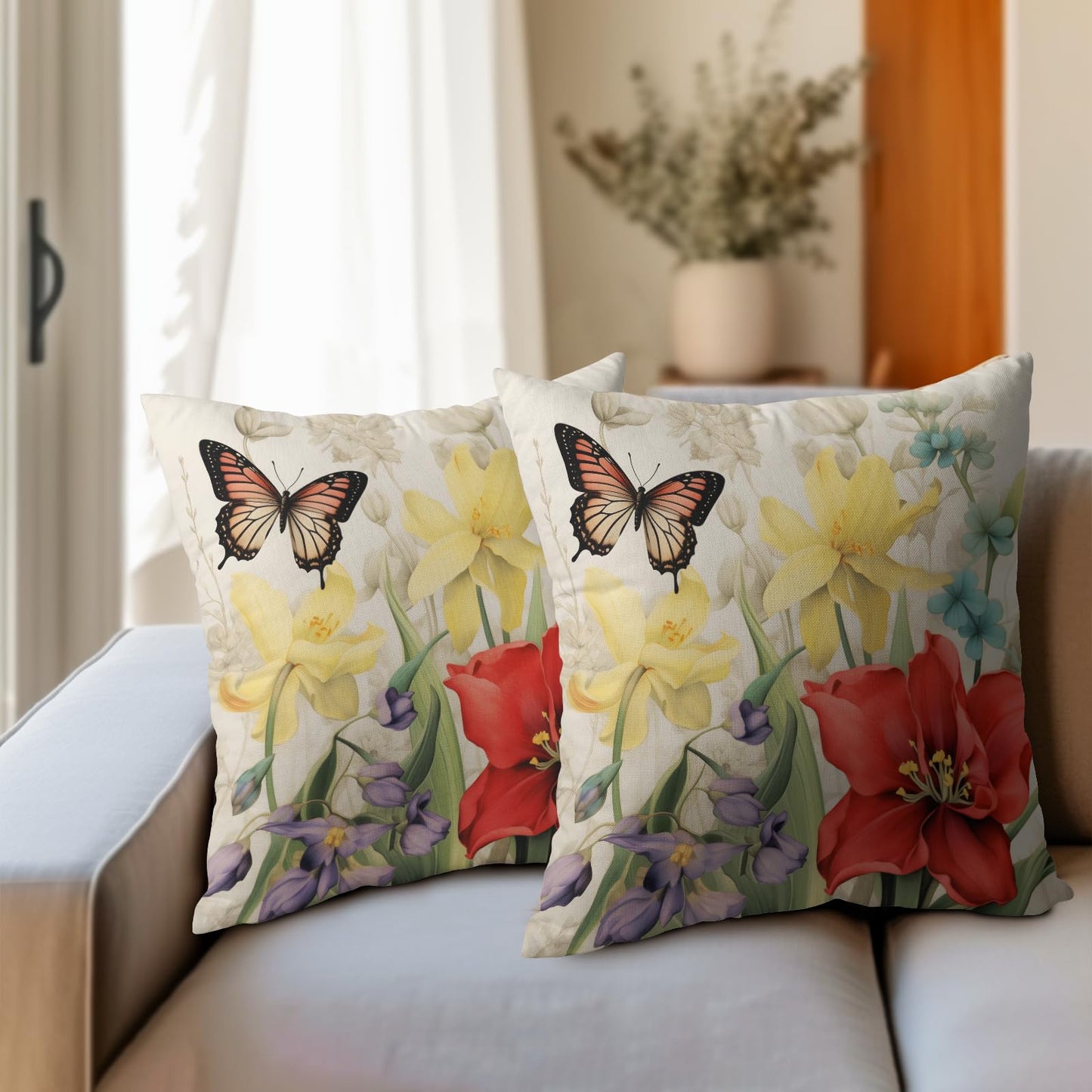 Spring Summer Flower Outdoor Decorative Pillow Covers 18x18 Inch Set of 2 Floral Butterfly Throw Pillows Spring Farmhouse Pillowcases Cotton Linen Cushion Covers for Couch Bed Sofa Chair Home Decor