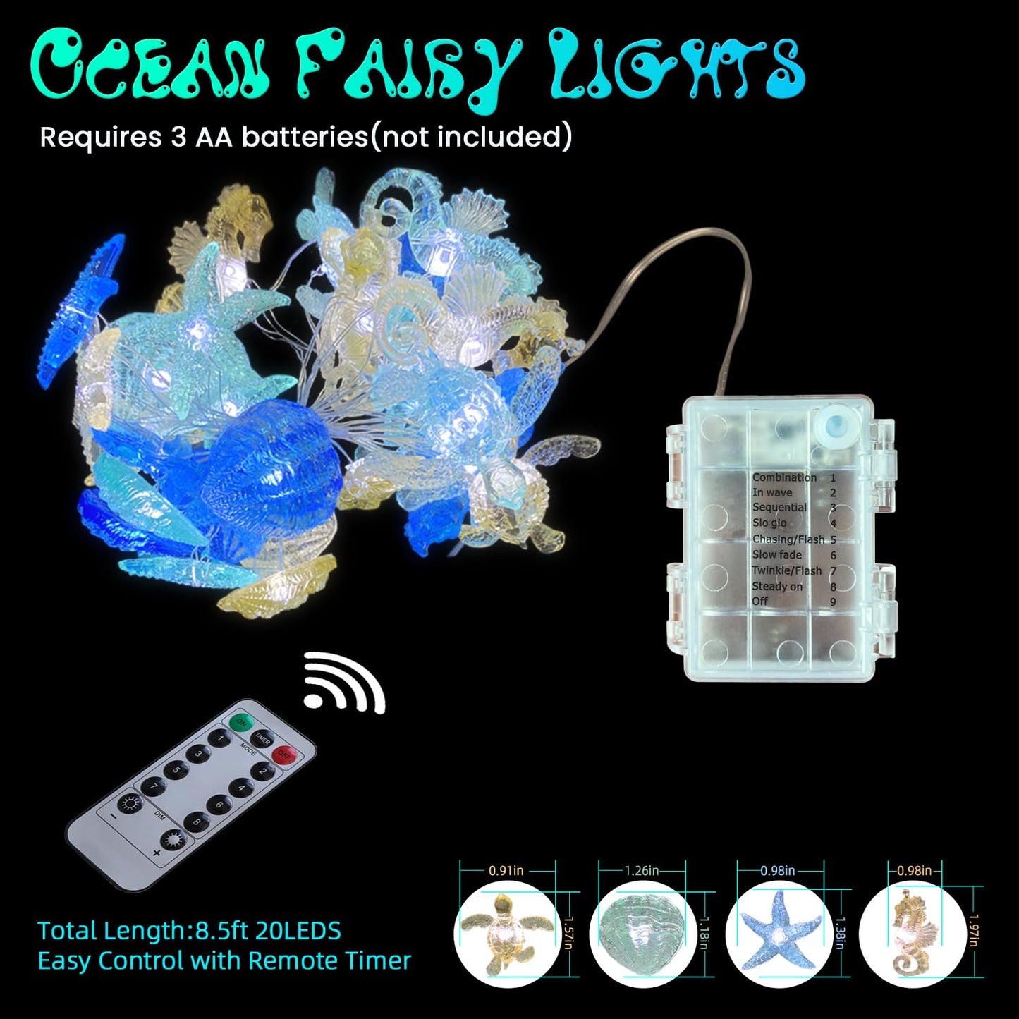 Ocean Beach themed Sea Life Cute Fairy Decorative String Lights Battery Operated, Seahorse Starfish Sea Turtle Clam Nautical Rope Lights Lit by 30 LEDs 10 ft for Holiday Camping Mermaid Wedding