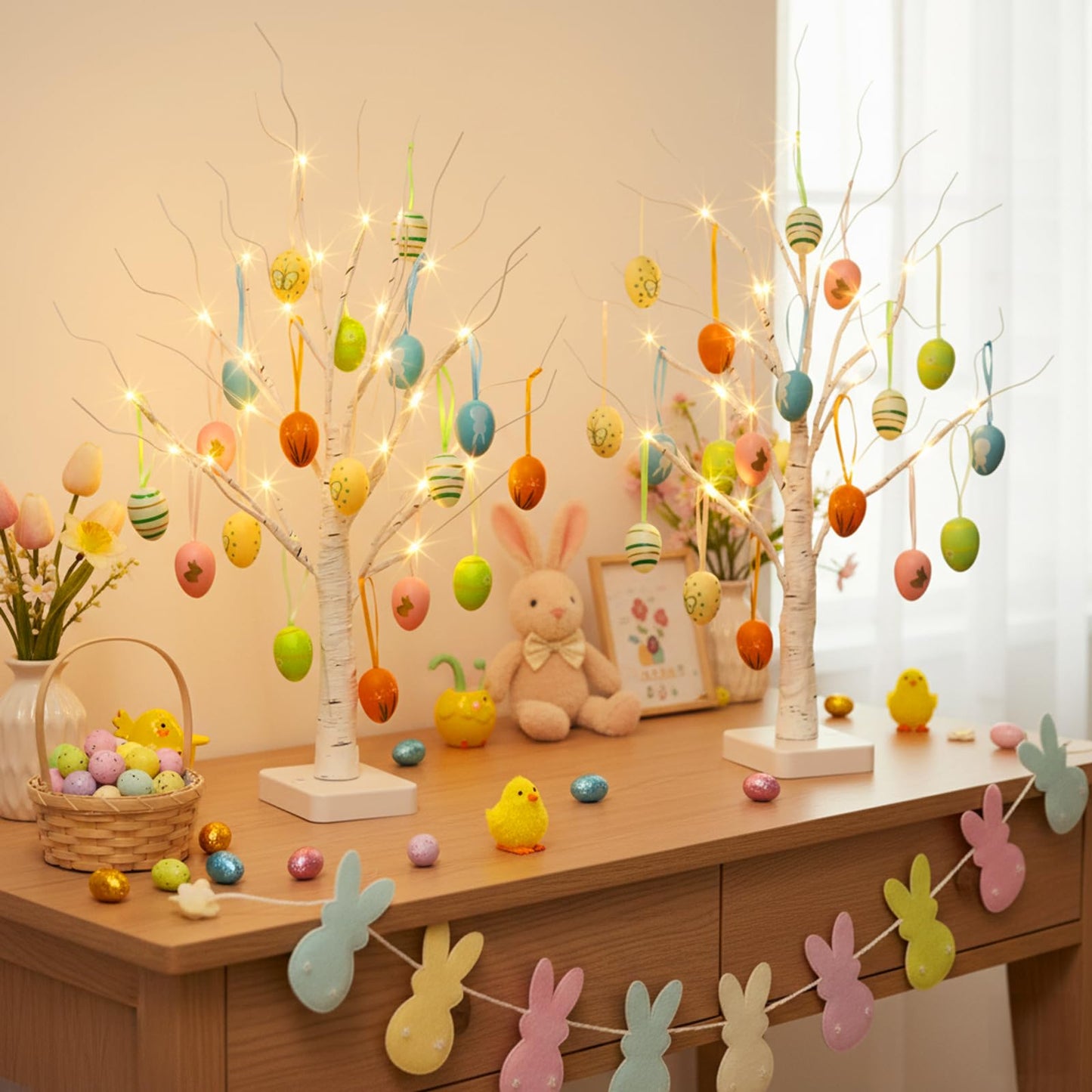 Easter Decorations, Easter Egg Tree with 36 pcs Eggs Ornaments, Lighted White Birch Tree with Timer Battery Powered, for Home Tabletop Centerpiece Spring Indoor Decorations (2 Pack 24 LED)