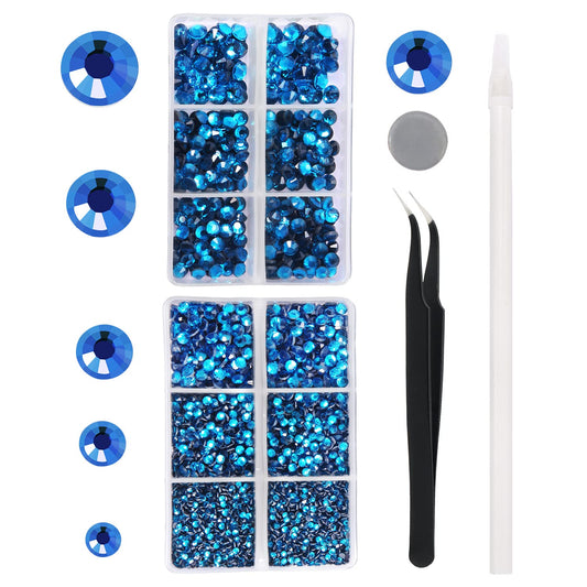 MEIBITE 6796PCS Aquamarine Hotfix Rhinestones Crystal Stones Glass for Fabric Clothes Shirts Sparkly Flat Back Round with Tweezers and Picking Pen (SS6~SS30 Set)