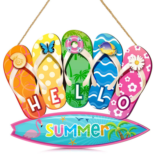 Jetec Summer Slippers Hanging Sign Shape Welcome Hello Flip Flop Wooden Door Sign Hanging Plaque Rustic Wall Sign Yard Indoor Outdoor Garden Decoration with Rope (Hello Summer)