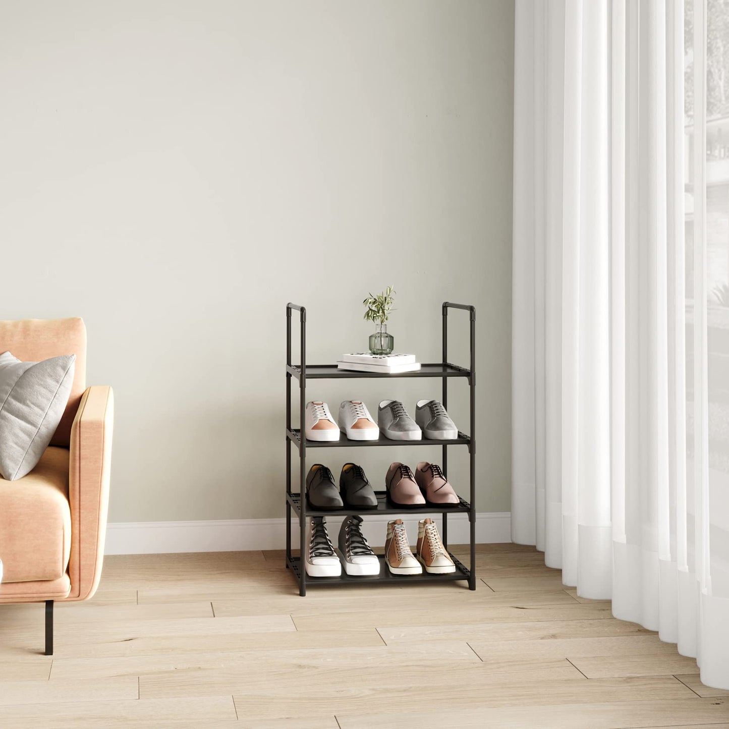 Upgrade Stackable Small Shoe Rack, 4-Tier Shoe Shelf Storage Organizer with Handle for Entryway, Hallway and Closet (Black)