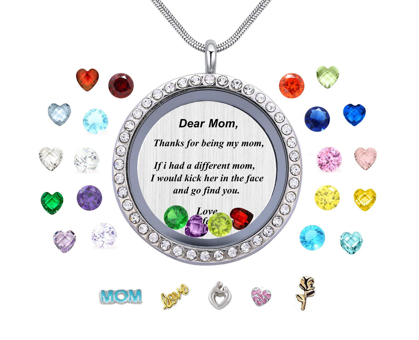 Veeshy Thanks For Being My Mom Birthstone Necklace Floating Locket - Best Mother's Day Gifts for Mom, Women - Unique Gag Present Idea for Her from Daughter or Son -Top Birthday Gift