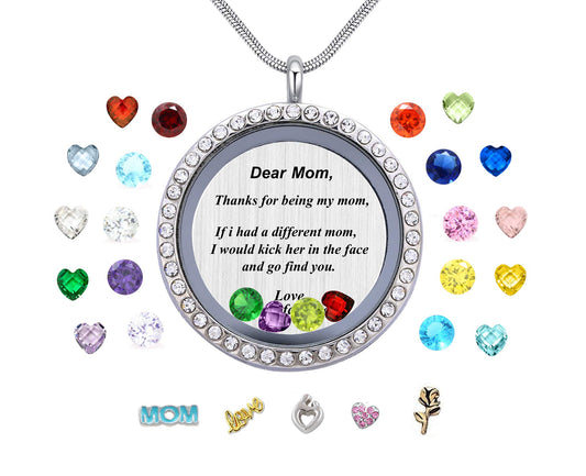 Veeshy Thanks For Being My Mom Birthstone Necklace Floating Locket - Best Mother's Day Gifts for Mom, Women - Unique Gag Present Idea for Her from Daughter or Son -Top Birthday Gift