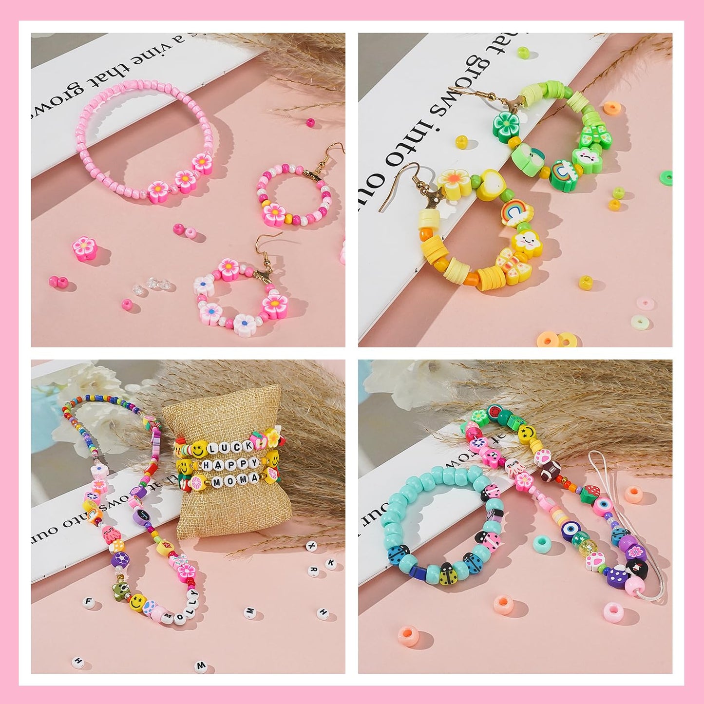 1000PCS Polymer Clay Beads Bracelet Making kit, 24 Style Cute Fun Fruit Flower Rainbow Butterfly Animal Heart Star Beads Charms for Jewelry Necklace Making Gift for Girls Kids