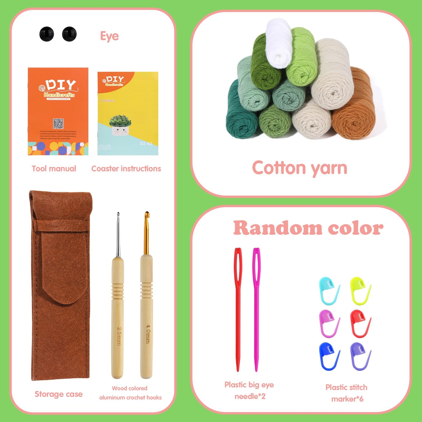 Crochet Kit for Beginners, 6PCS Coasters Crochet Starter Kit Plant Pot, Knitting Supplies Kit with Step-by-Step Video Tutorials, Crochet Yarn for Adults DIY Present