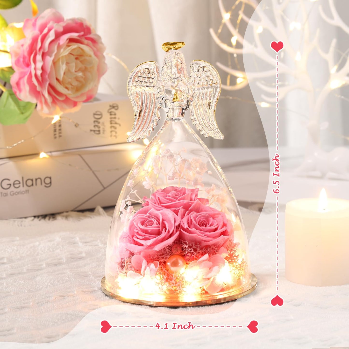Mothers Day Birthday Gifts for Her Preserved Real Rose in Angel Glass Crystal Angel Figurines