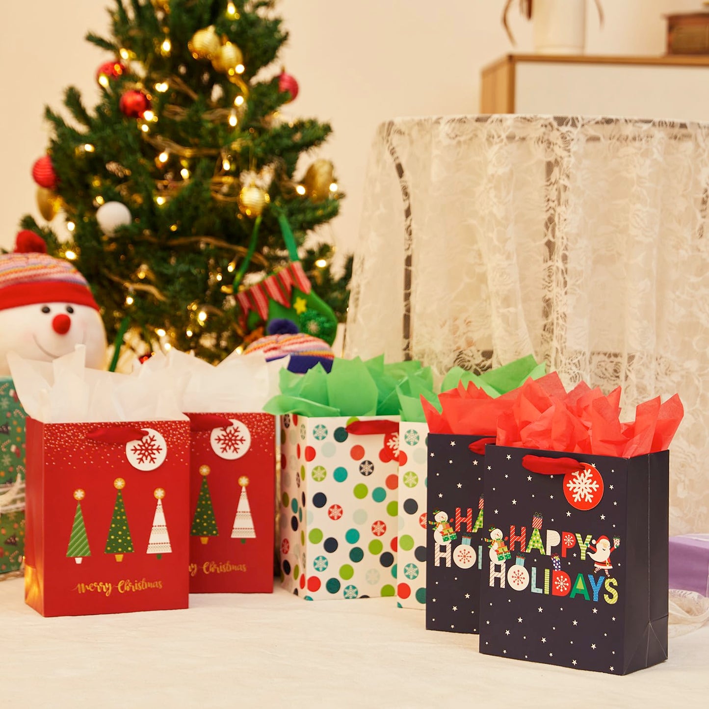 Small Christmas Gift Bags with Tissue Paper, 6 Pack Holiday Theme Bags in 3 Festive Designs, 7x9x4 Inches, Red Navy White with 12 Sheets Tissue Paper