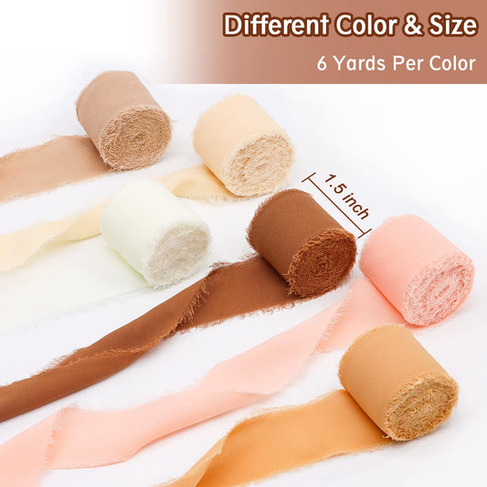 Chiffon Ribbon, 6 Rolls - 1.5 Inch x 6 Yard, Silk with Handmade Fringe for Gift Wrapping, Wedding Decorations, Bridal Bouquets - 6 Colors: White, Pink, Khaki, Camel, Apricot, Brown