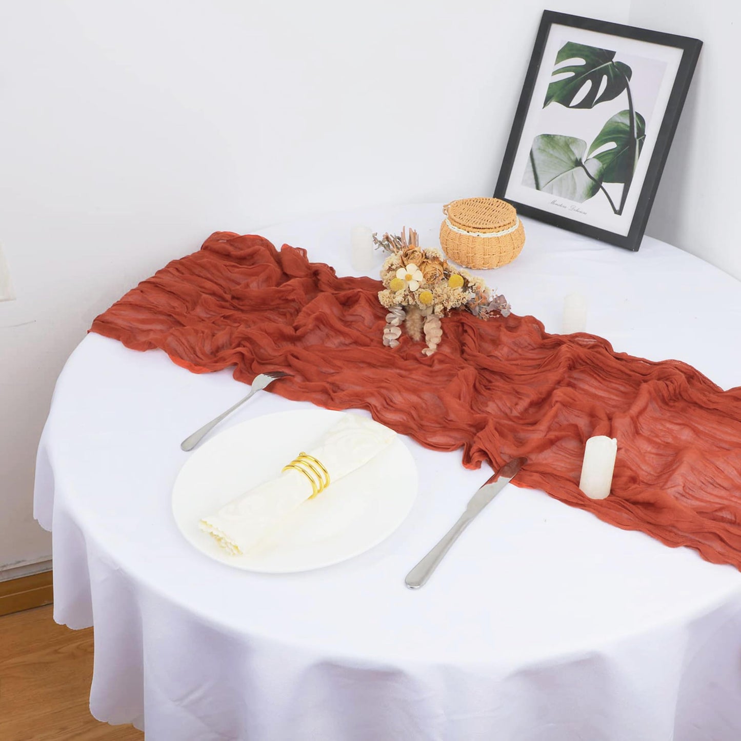 Snowkingdom 13Ft Terracotta Cheesecloth Table Runner, 160inch Long Rust Cheese Cloth Boho Gauze Runner for Wedding Bridal Shower Rustic Sheer Fall Thanksgiving Table Decorations