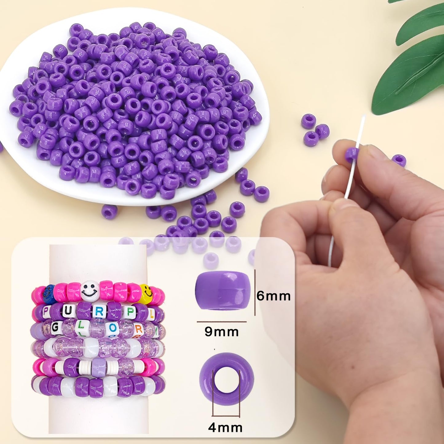 MIIIM 1200PCS 6x9mm Pony Beads Bulk, Violet Purple Pony Beads for Bracelets Making Kit, Kandi, Hair Braids Crafts for Jewelry Making (Violet Purple)
