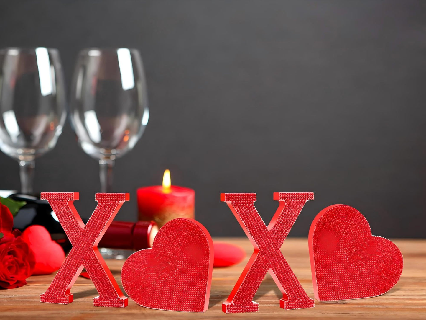 Wood Valentine's Day Table Decorations Freestanding Block Red Cutout Letters with Rhinestone Decor for Valentine's Day Anniversary Wedding Party Favor(Sweet Style)