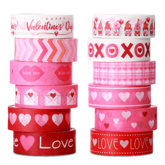 12 Rolls Valentine's Day Washi Tape Set Decorative 0.59 x 196 Inch Pink Love Heart Washi Tape Gnome Heart Masking Paper Supplies for DIY Crafts Scrapbook Giftwrap Wedding Party Decor