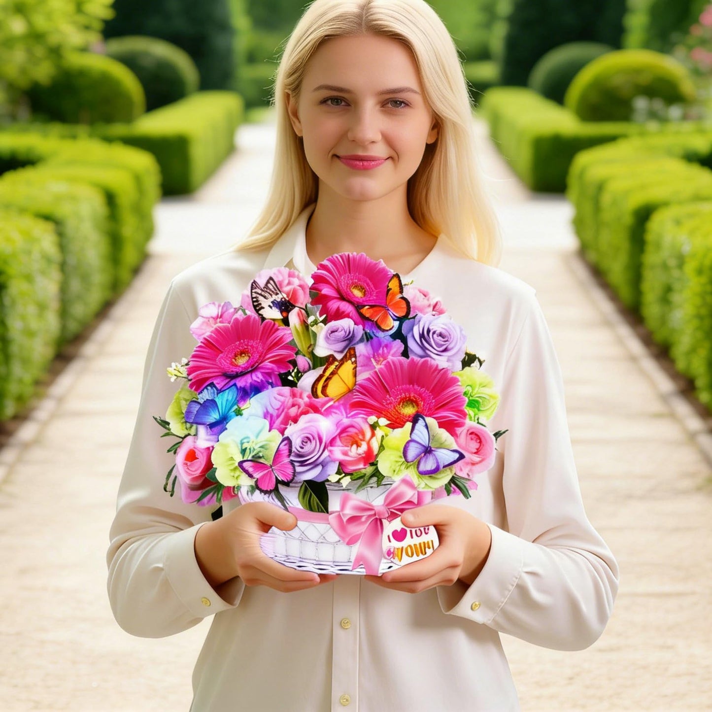MZD8391 Mothers Day Card with Music & Lights, 3D Pop Up Mother's Day Cards, Gerbera Daisy & Butterfly, 10 Inch Forever Flower Bouquet Birthday Gift for Wife, Women, Mom