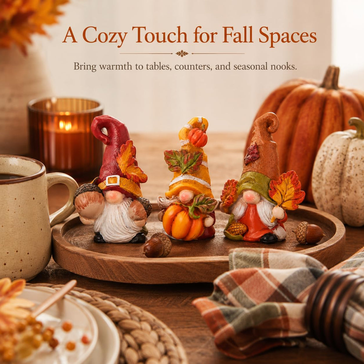 Hodao Thanksgiving Gnome Decorations, 3-Piece Fall Gnome Figurines with Pumpkin, Acorns and Autumn Leaves, Hand-Painted Resin Harvest Decor for Indoor Home Table Shelf Gifts
