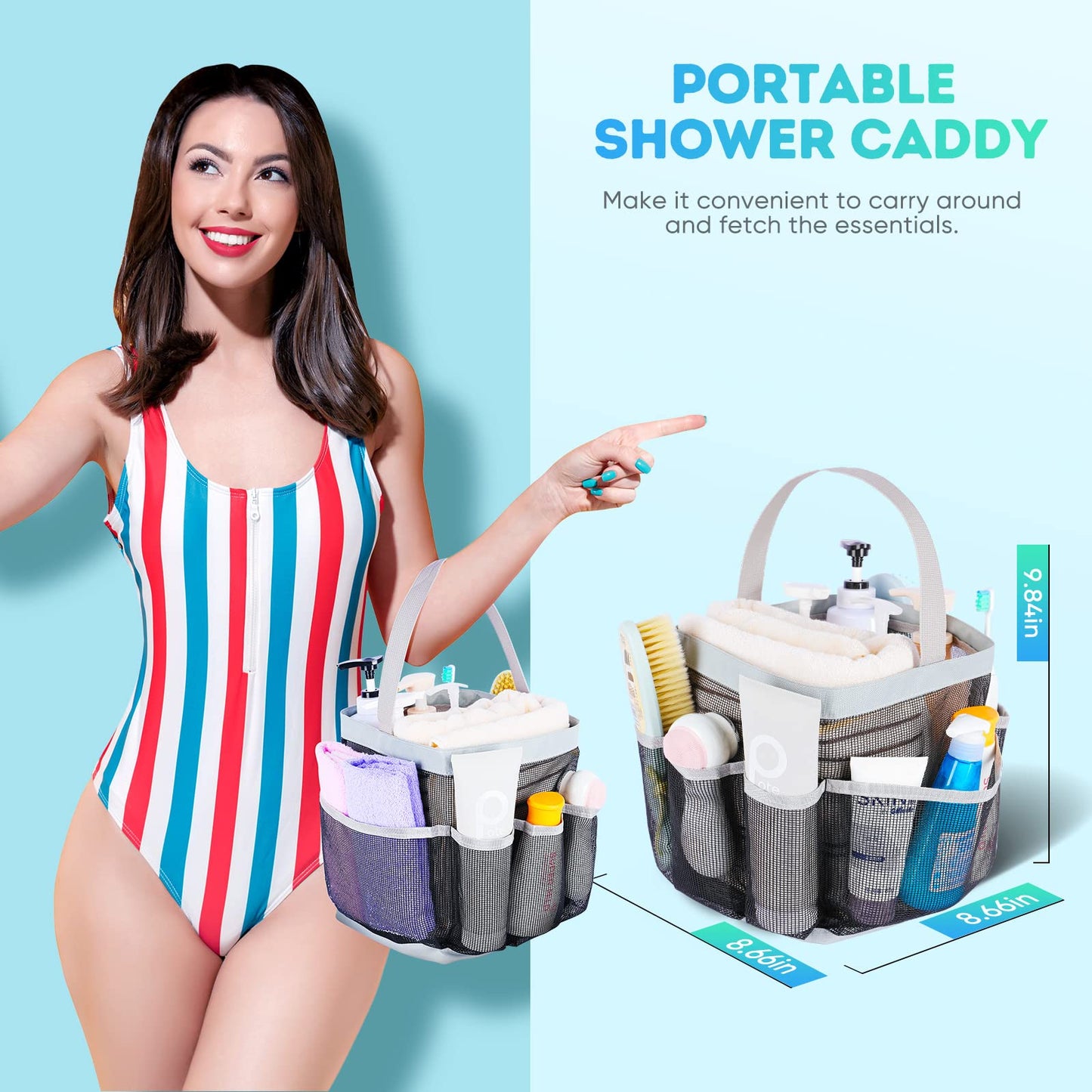 Mesh Shower Caddy Portable for College Dorm Room Essentials with 8-Pocket Large Capacity for Beach,Swimming,Gym-Grey